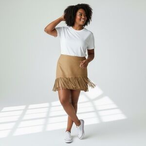 Reitmans Camel faux  Suede  fringe Skirt size 15
